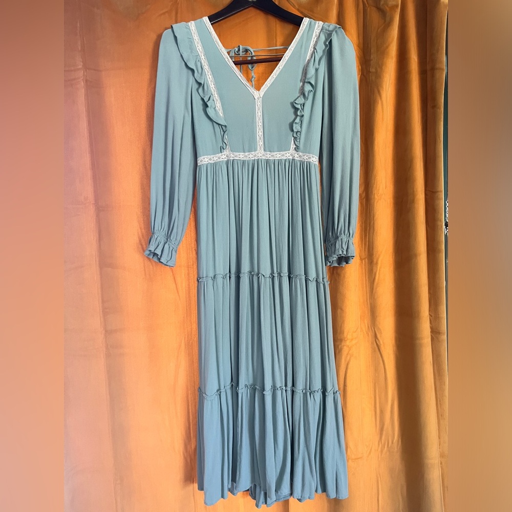 Pinkblush In Loom Long Sleeve Mint Ruffle Lace Tiered Maternity Midi Dress Sz M